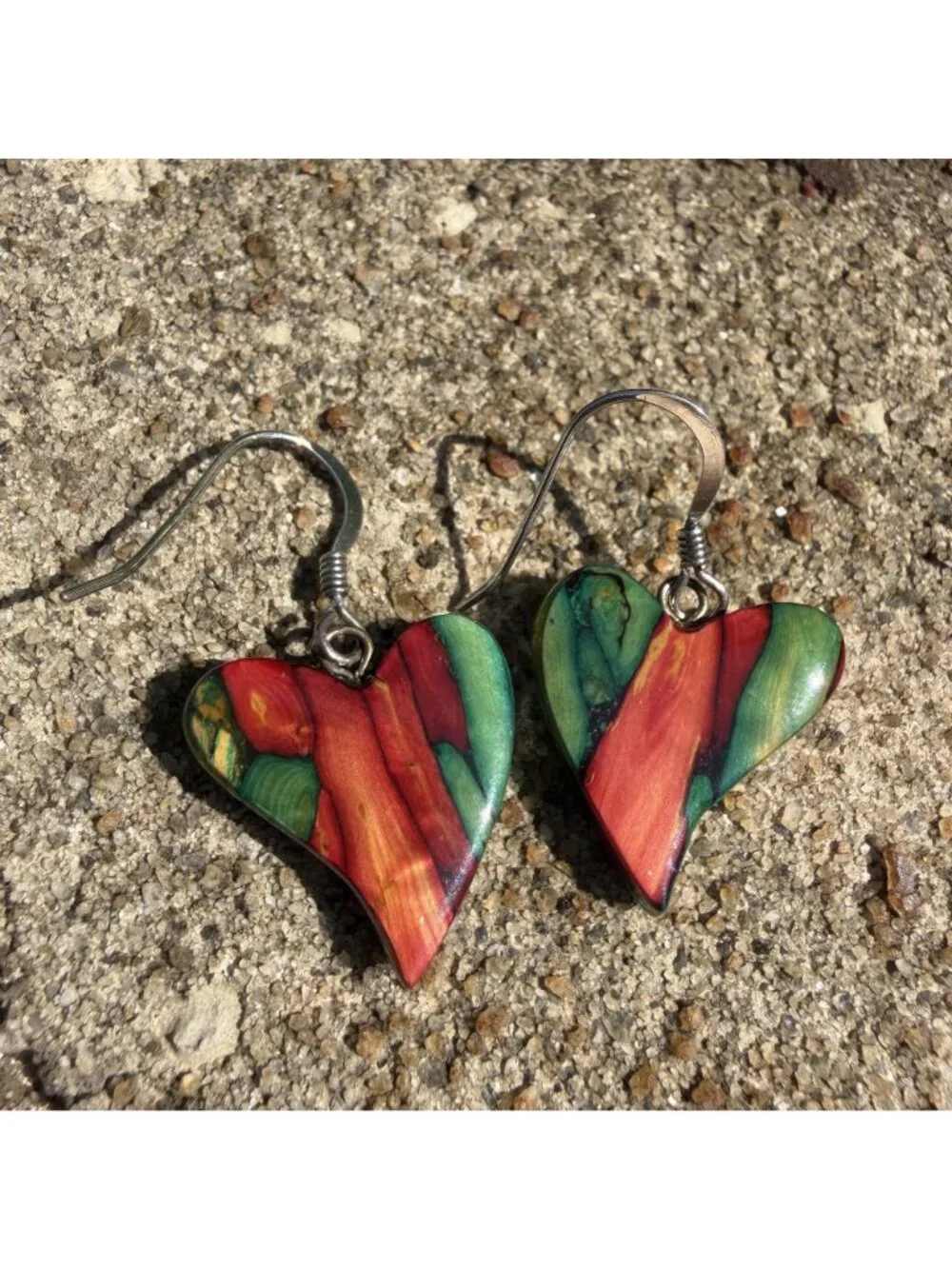 Colorful Dyed Burl Wood Heart Drop Earrings Handcrafted Bohemian Eco Friendly